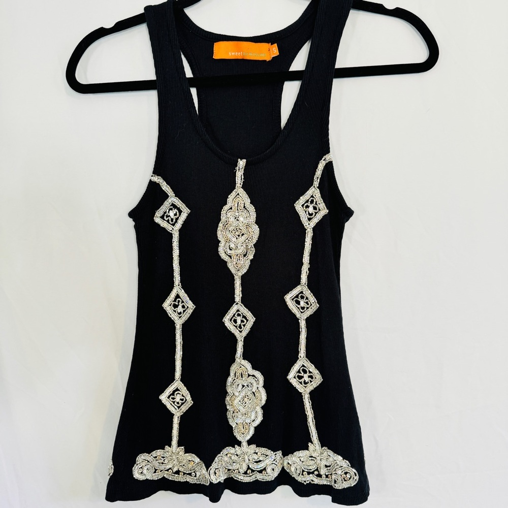 VtG Y2K Sweet by Miss Me Sequin Beaded Black Tank Top Sz S